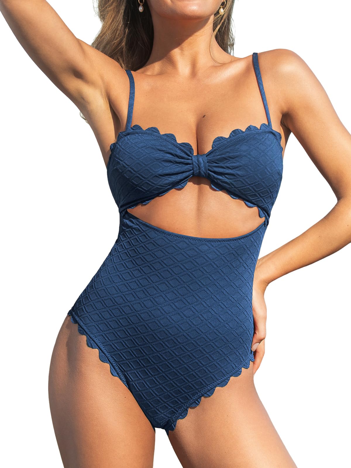 CUPSHE Women's One Piece Swimsuit Sexy Cutout Scallop Trim Bathing Suit, M Dark Blue