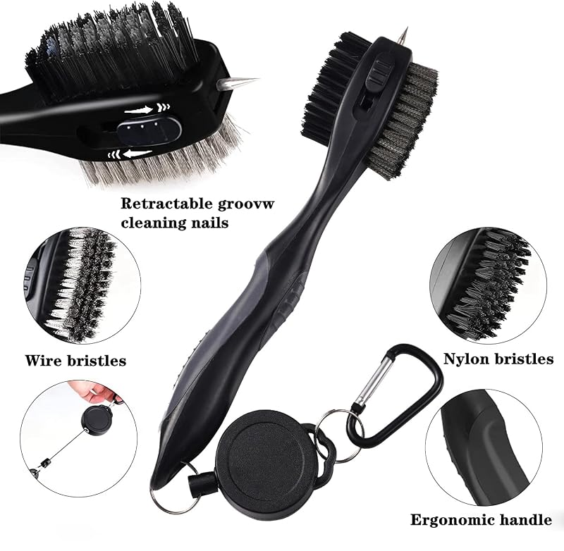 Golf Club Cleaning Brush with Retractable Nails | Oversized Dual Brush Head in Gray