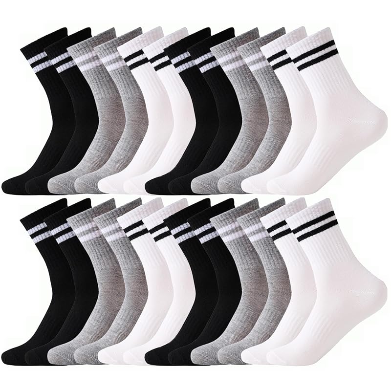 Unisex Striped Crew Socks 12 Pairs - Cotton Mid Crew, Size 5-9