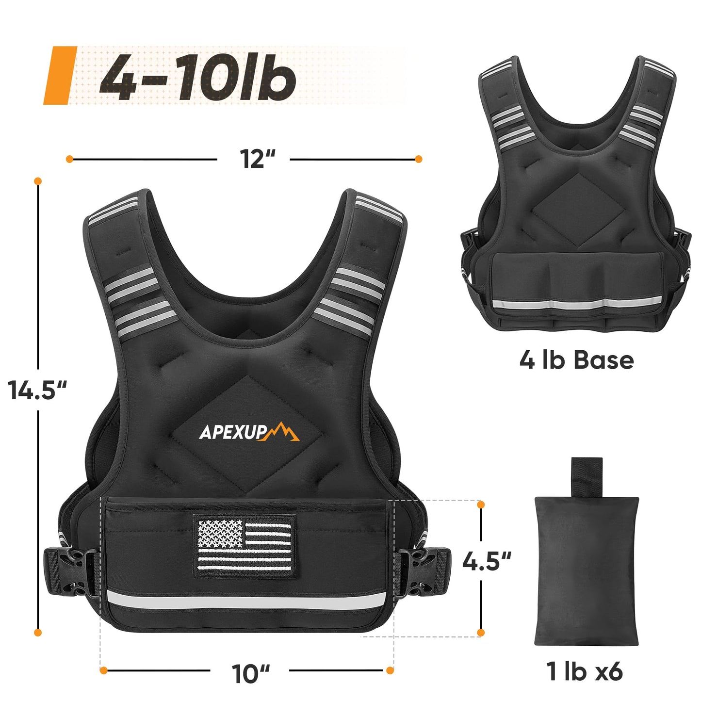 APEXUP Adjustable Weighted Vest, 4-10lb/12-18lb/20-32lb Vest with 6 Ironsand Weights and Large Pocket, Weight Vest for Men Women Strength Training, Running, Walking