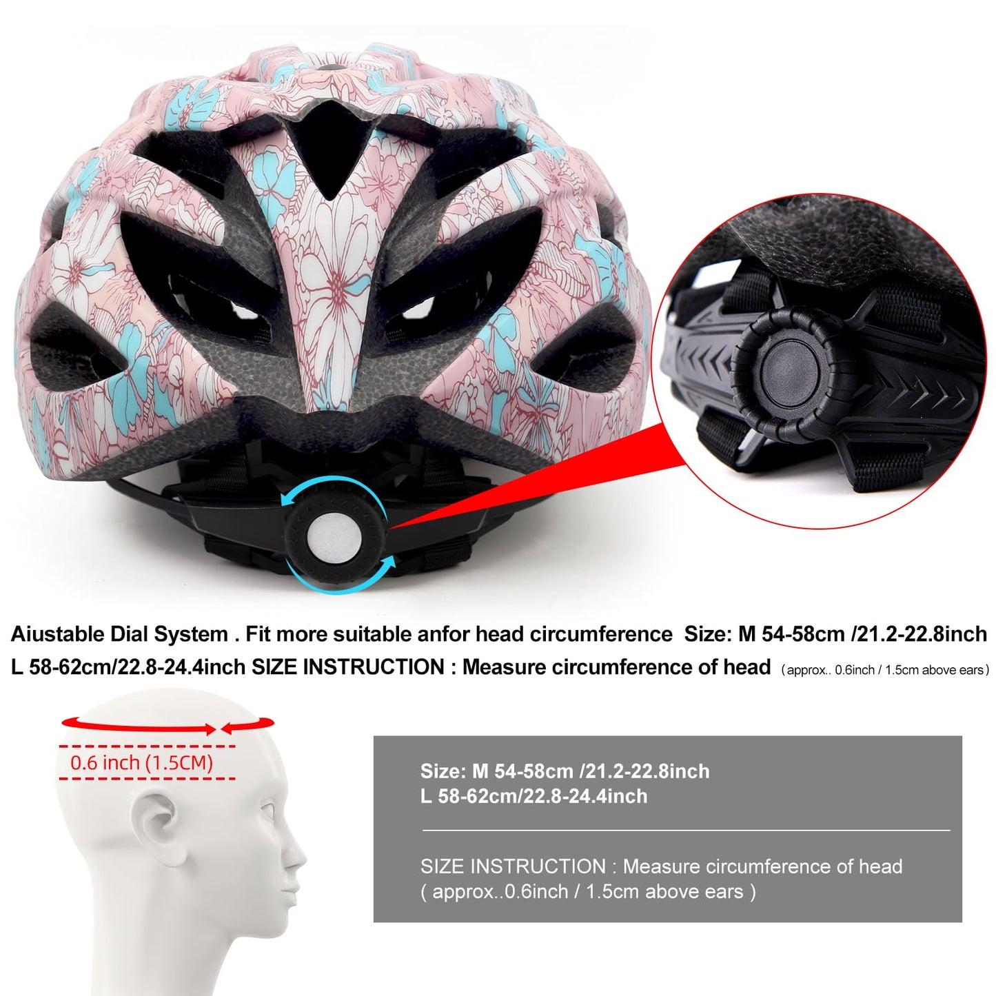 Adult Bike Helmets, Adjustable Mens Womens Bicycle Helmet, Lightweight Road Mountain Cycling Safety Sports Helmets with Detachable Visor Pink Flower L