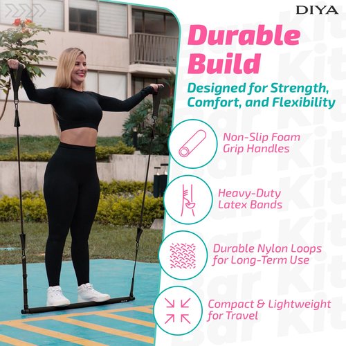 DIYA Pilates Bar Kit with Resistance Bands - Stretched Pilates Bar for Women & Men, 140 lbs Equipment for Legs, Hips, Waist, Arms, Back - Travel Friendly Adjustable Home Gym Kit for Full Body Workouts