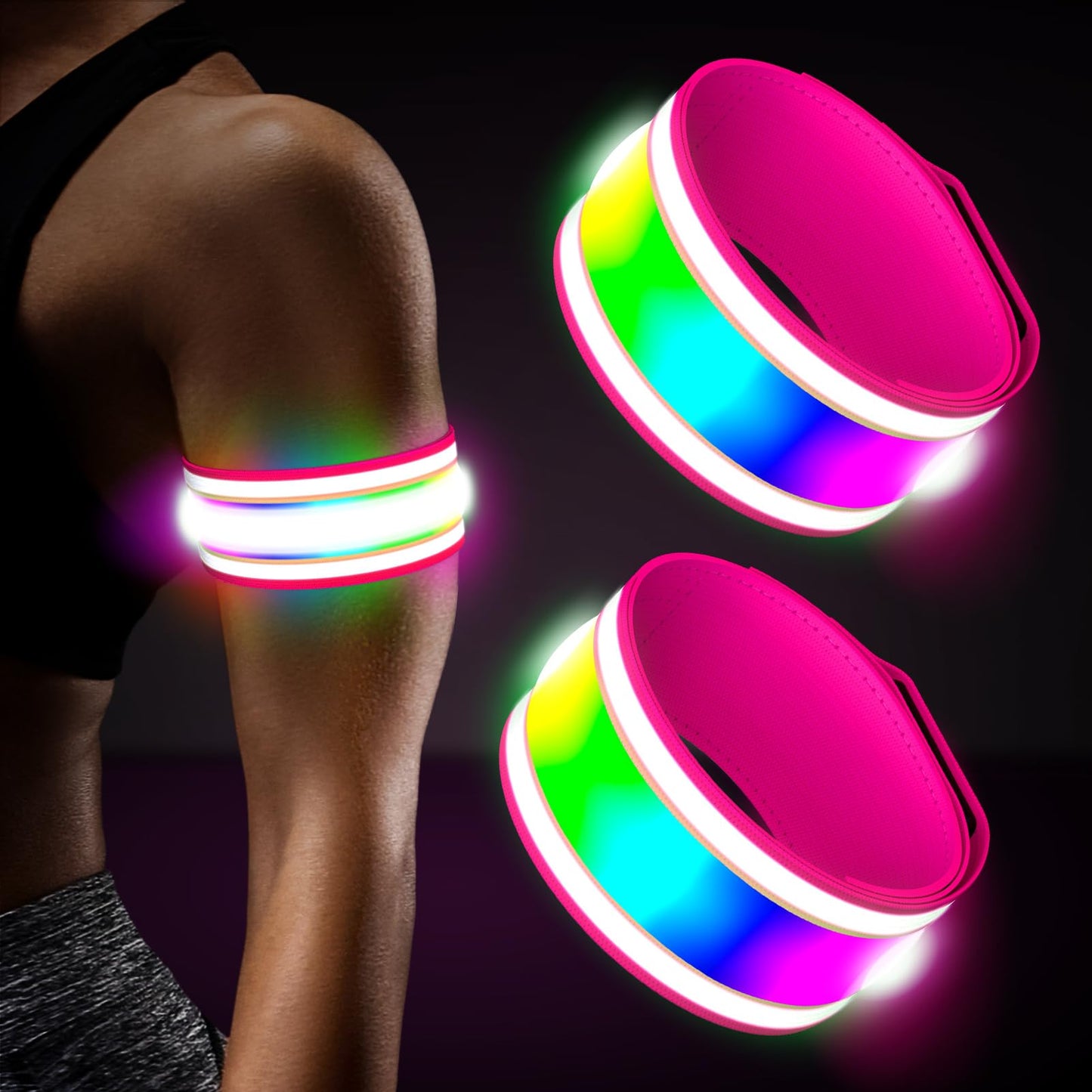 LED Armband Rechargeable for Running(2 Pack),Light Up Arm Bands for Night Walking,Running Lights for Runners,High Visibility Reflective Running Gearr for Night Safety Light Up Wristbands (Pink)
