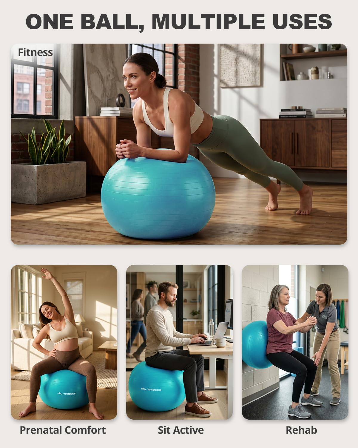 Trideer Extra Thick Yoga Ball Exercise Ball, 5 Sizes Gym Ball, Heavy Duty Ball Chair for Balance, Stability, Pregnancy, Quick Pump Included