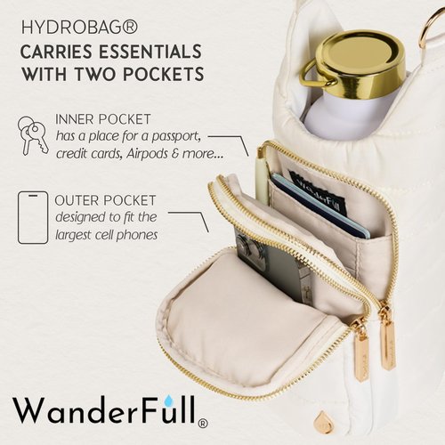 WanderFull Original HydroBag Fits Up to 32 oz Water Bottle Holder with Strap - Hands-Free Crossbody Water Bottle Carrier Bag with Phone Pocket, Tumbler Bag - Aqua Multicolor Print