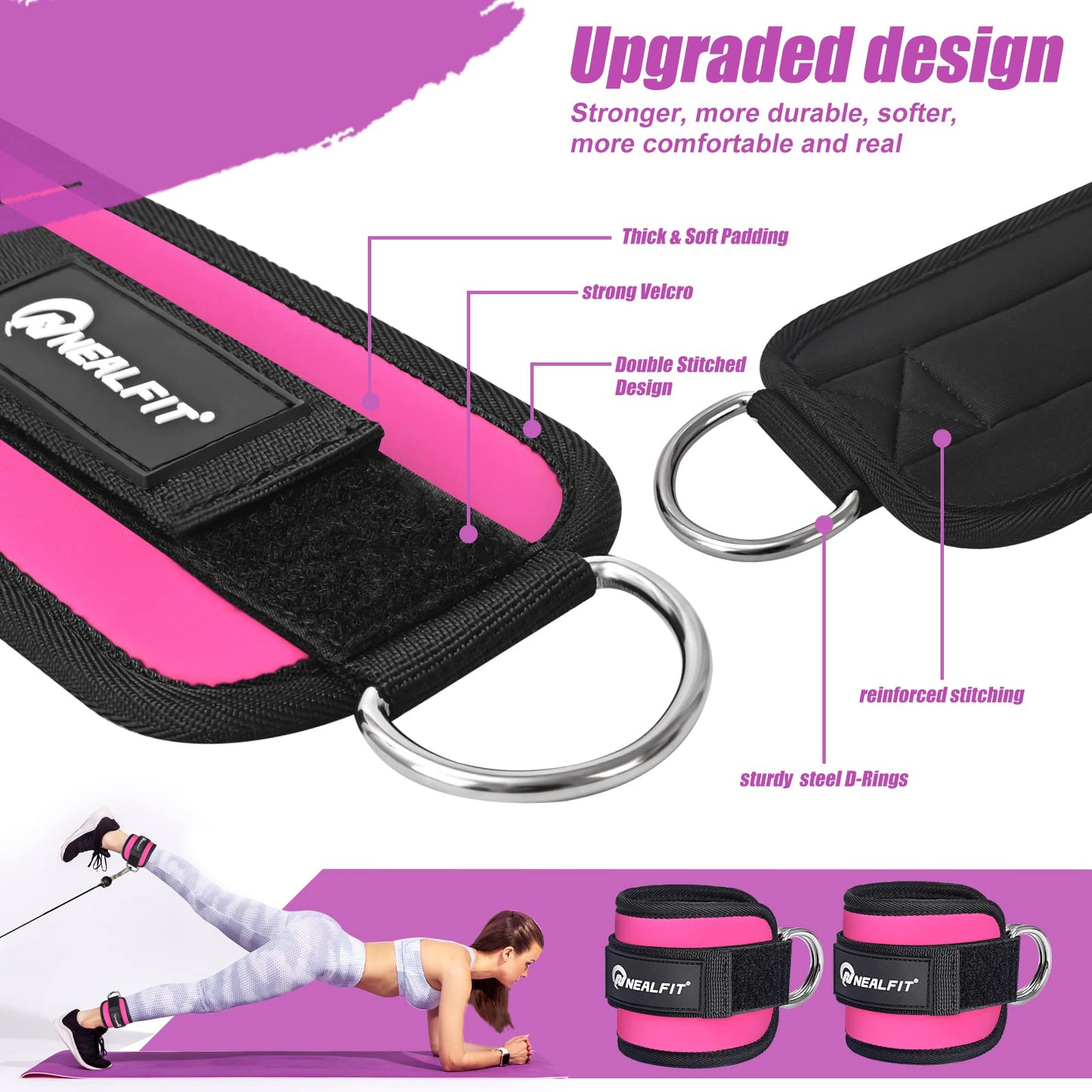 NEALFIT Ankle Strap for Cable Machine, Gym Ankle Cuff for Kickbacks, Leg Extensions, Glute Workouts, Booty Hip Abductors Exercise for Women and Men (Pink, Pair)