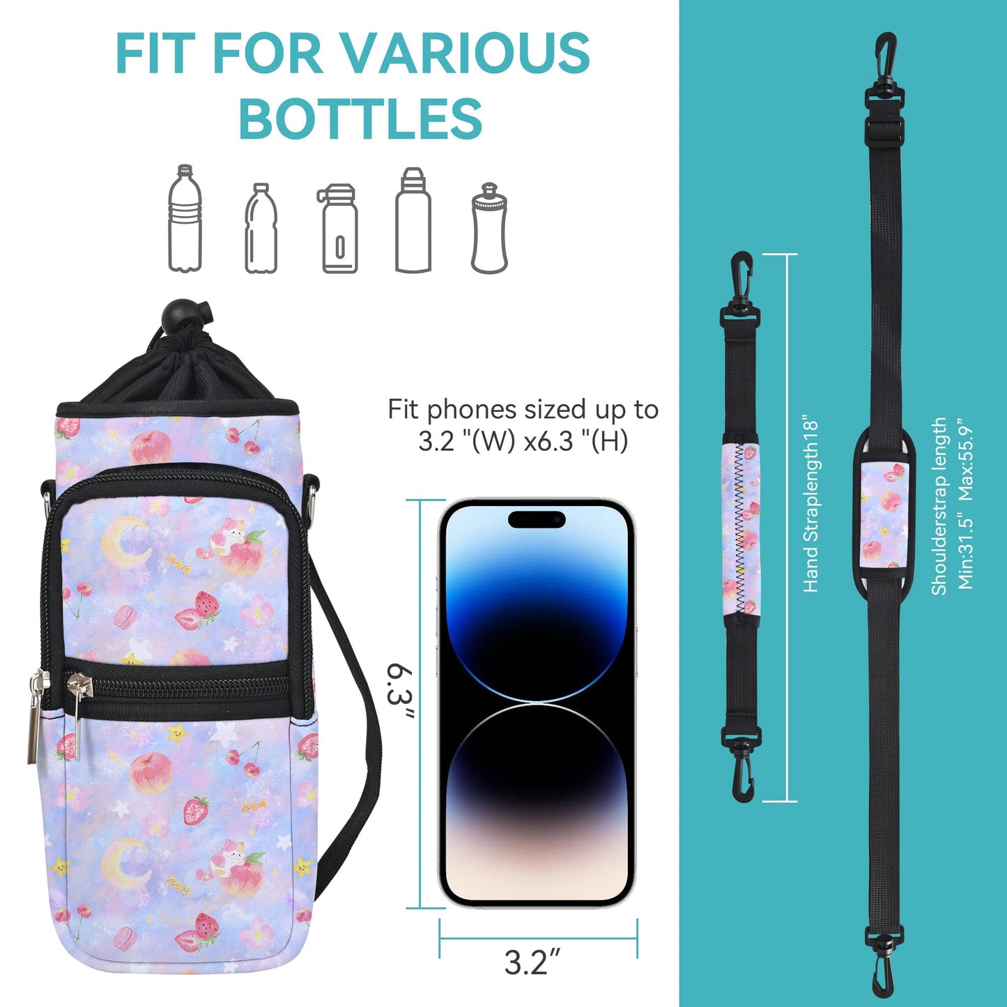 AUPET Water Bottle Sling Bag Sleeve Holder Carrier 25/32/40/64 oz,Insulated Crossbody Water Bottle Case Cover with Strap and Pockets for Men/Women Walking Hiking (Cute Pastel Theme, 25oz)