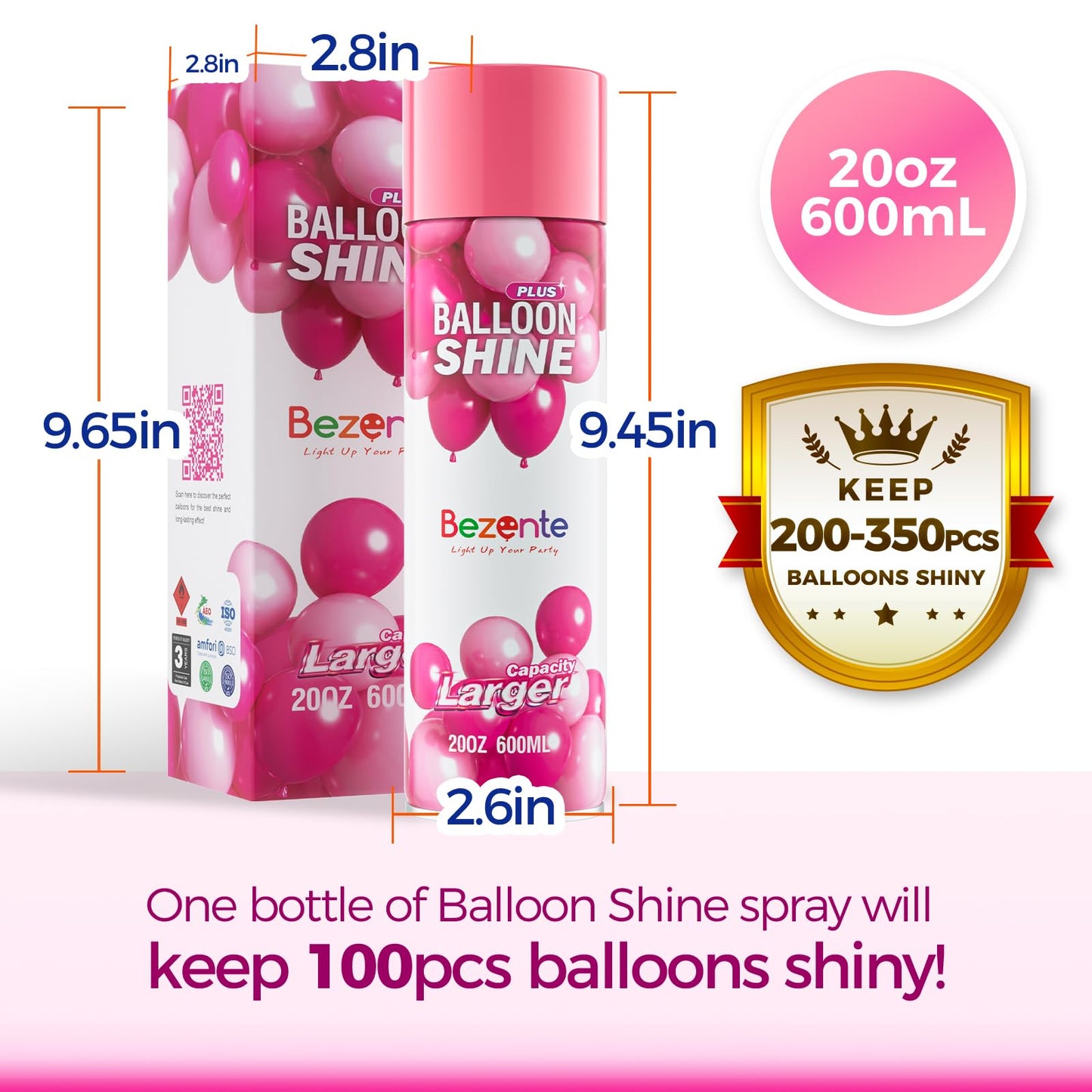 Bezente Balloon Shine Spray - 20 oz High Shine Balloon Spray, Waterproof, Long-Lasting Antioxidant, Odorless, Instant Shiny Effect for Party Balloons Decorations