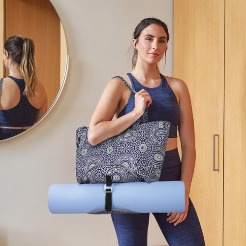 Explore Land Yoga Bags for Women with Large Pocket Pilates Tote Bag for Gym Beach Workout - Fits Water Bottles and All Size Mats(Blue)