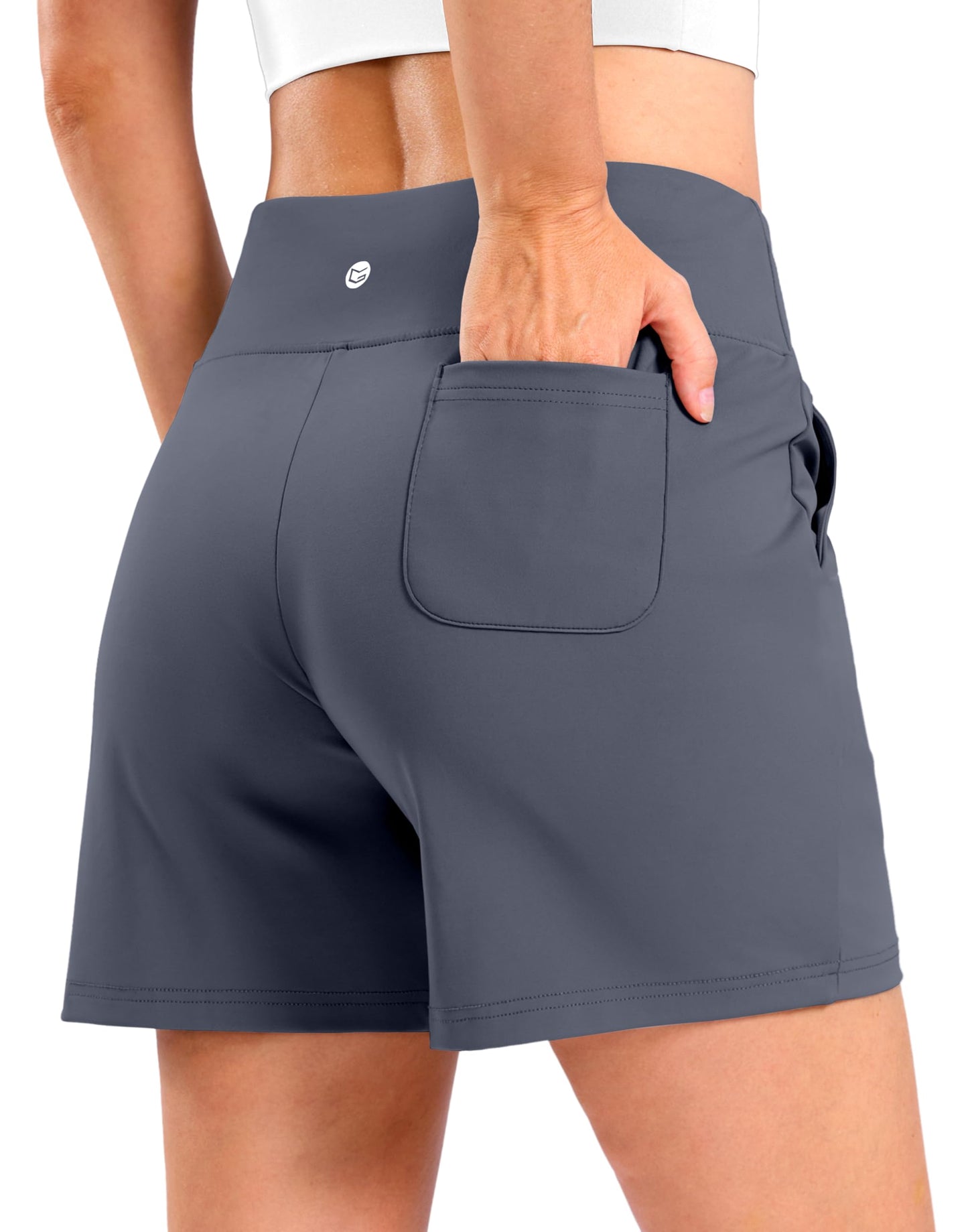 G Gradual Women's Bermuda Long Shorts with Pockets 7" High Waisted Knee Length Shorts for Women Walking Athletic Workout(Dusty Blue-L7,S)