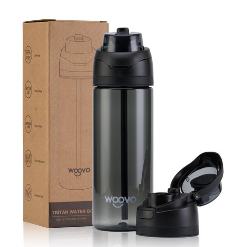 WOOVO Plastic Water Bottle 24 oz BPA Free Spill Proof, Reusable Water Bottle with Straw and Flip Top for Sports Gym, Black