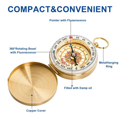 Tebery 2 Pack Classic Pocket Style Copper Clamshell Compass, Glow in The Dark Military Compass Survival Gear Compass, Waterproof Luminous Kids Compass for Hiking Camping Hunting Climbing (Brass)