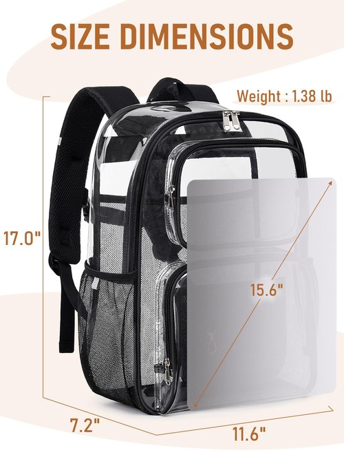 Flowston Clear Backpack Heavy Duty, 17 Inch Large TPU Clear Bookbag for Women Men Boys Girls, See Through Book Bag Transparent Backpack With All-Around Reflective Strips for College Work Travel,Black