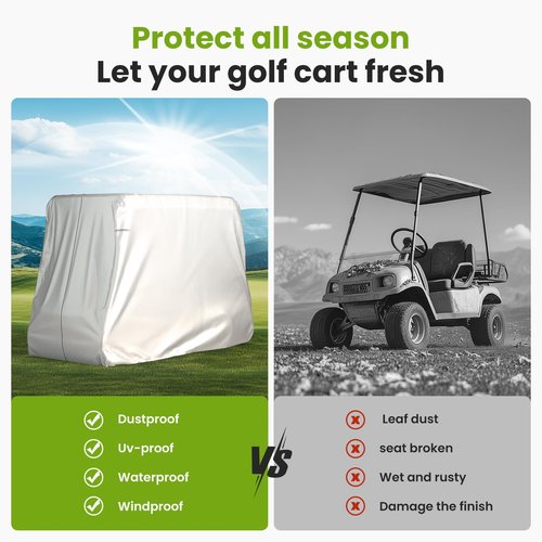 BENVOL 2/4 Passenger Golf Cart Cover for Yamaha EZGO Club Car, 420T Waterproof Polyester with Silver Coating,Waterproof,Dustproof,Windproof,Sunproof，All-Weather Protection (Silver-95 * 48 * 73 in)