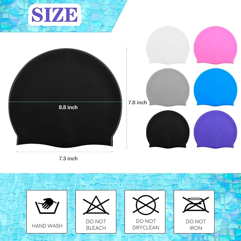 Syhood 6 Pcs Silicone Swim Caps - Unisex 6 Color Set: Black, Gray, White, Blue, Purple, Pink