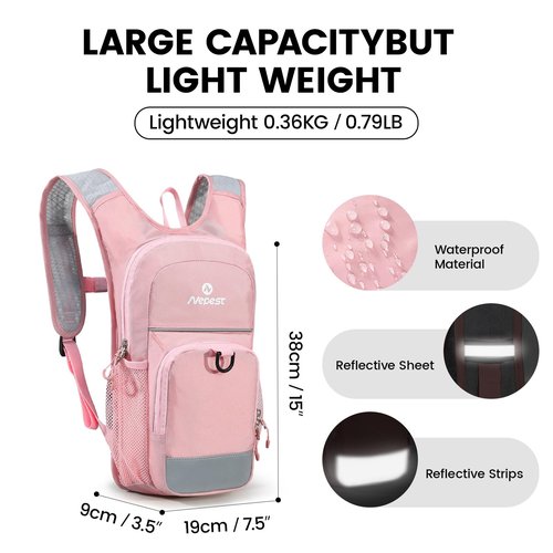 Nepest Kids Hydration Backpack, Mini Water Backpack with 1.5L Water Bladder for Hiking Cycling Running (Pink)