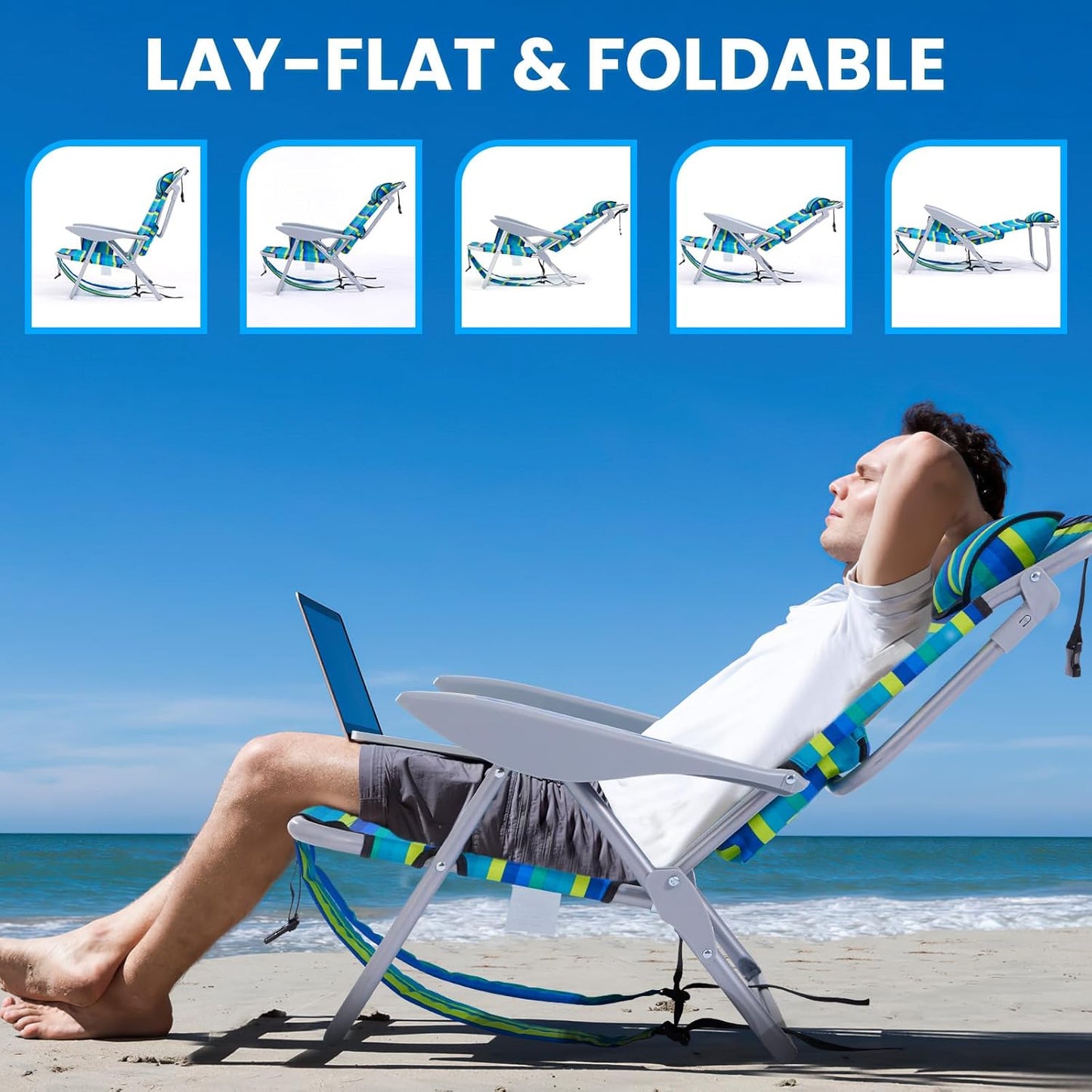 2 Pack Lightweight Portable Camping Beach Chair for Adults, Outdoor Lay Flat Folding Beach Chairs with 5 Positions, Backpack Beach Chair with Towel Bar, Zipper Pouch, Cup Holder, Ocean Striped
