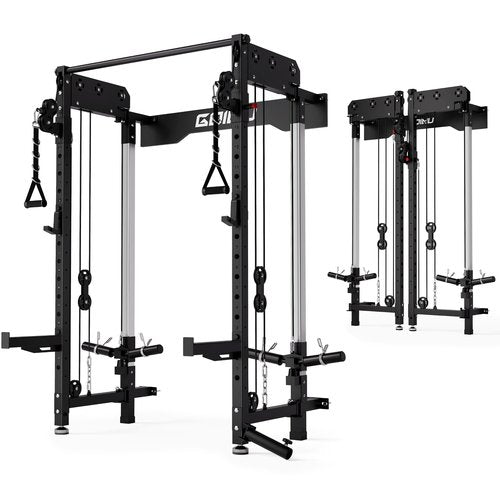 Goimu WM3-V4 Folding Squat Rack, Wall Mounted Power Rack with Dual Independent Pulley System, Functional Trainer with 5 Adjustable Function Modes for Space Saving Home Gym (WM3 Folding Cage, Black)