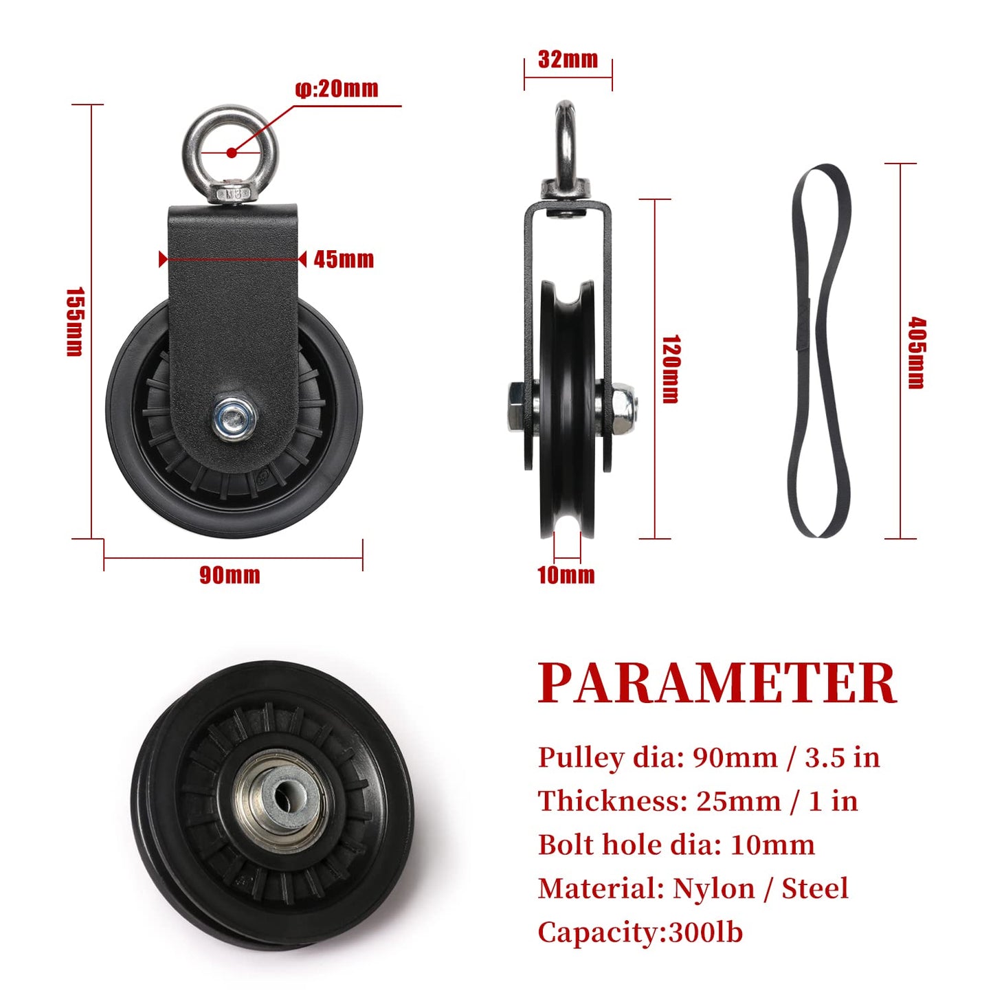 SYL Fitness Cable Pulley, 3.54in/90mm Silent Stainless Pulley Wheel for Gym Pulley System, Gym Equipment, DIY Home Projects, Lifting Blocks