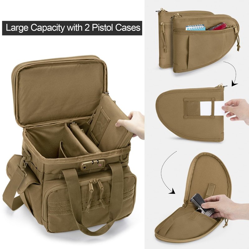 GOBUROS Tactical Gun Range Bag with 3 Pistols Capacity and TSA Lock, Gun Duffle Bag with 2 Small Pistol Cases and 12x Magazine Slots, Multi-Pockets for Hunting and Shooting Range Gear, Khaki
