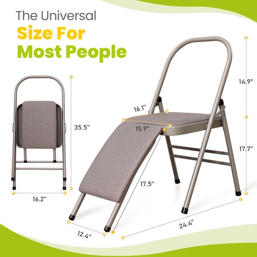 Foldable Yoga Auxiliary Chair with 3 Training Guide Posters for Versatile Exercises, Yoga Assist Handstand Chair with Detachable Lumbar Back Support for Stretching, Balance Training. (Grey)