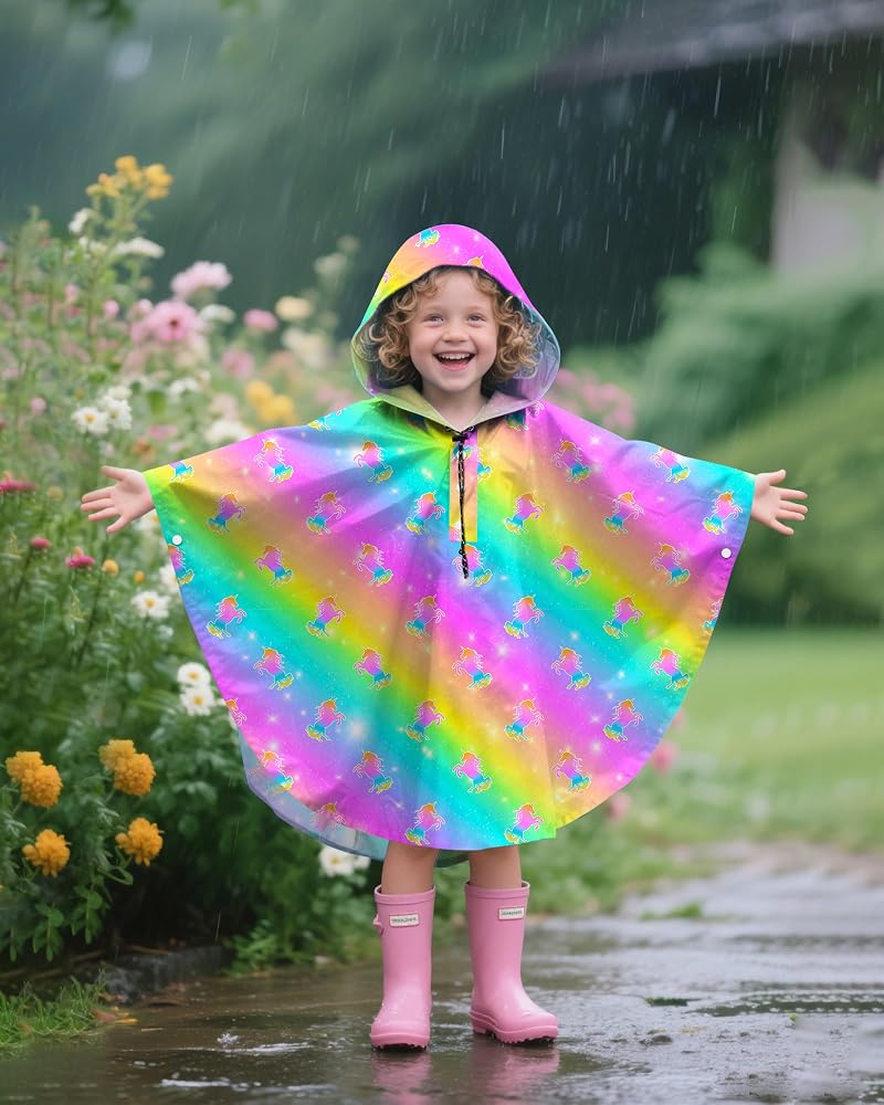 Rainbow Mermaid 3-5T Kids Rain Poncho with Hood - Reusable Waterproof Lightweight