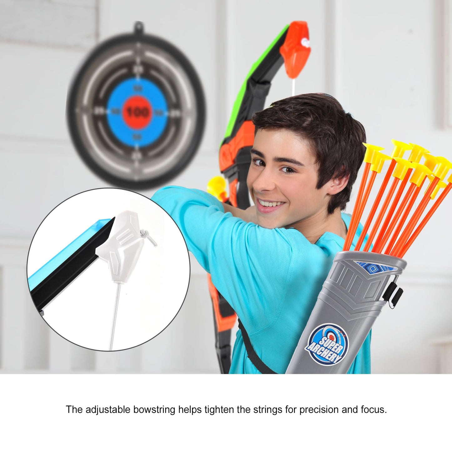 PowerTRC Kids Bow and Arrow Set, Bow and Arrow Set for Kids 8-12 – Kids Archery Set with Target Practice LED Light Up with 10 Suction Cup Arrows & Quiver Outdoor Play Toys (Blue)