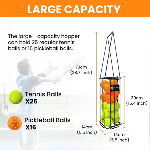 Pickleball&Tennis Ball Hoppers, Tennis Ball Hopper basket for Picking and Storage,, Sturdy Lightweight Structure Tennis Pick-up Can Accommodate 16 Pickleballs or 24 Tennis Balls(no assembly required)