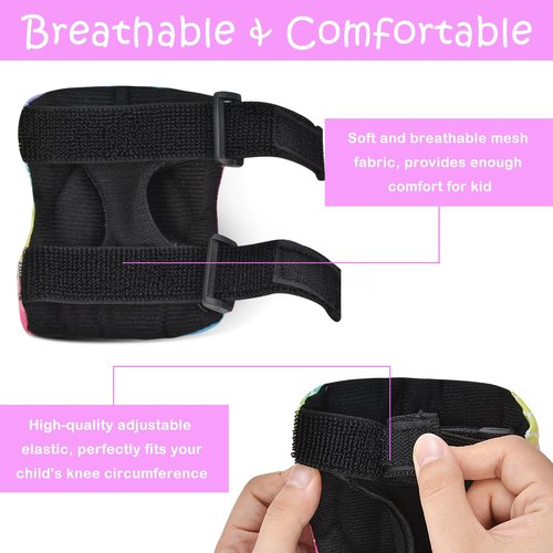 PAMAID Knee Pads for Kids Adjustable Protective Gear Set with Mesh Bag Knee Pads and Elbow Pads Wrist Guard for Girls Kids Roller Skates Cycling Skateboard Scooter, 3-8 Years (Pink Mermaid)