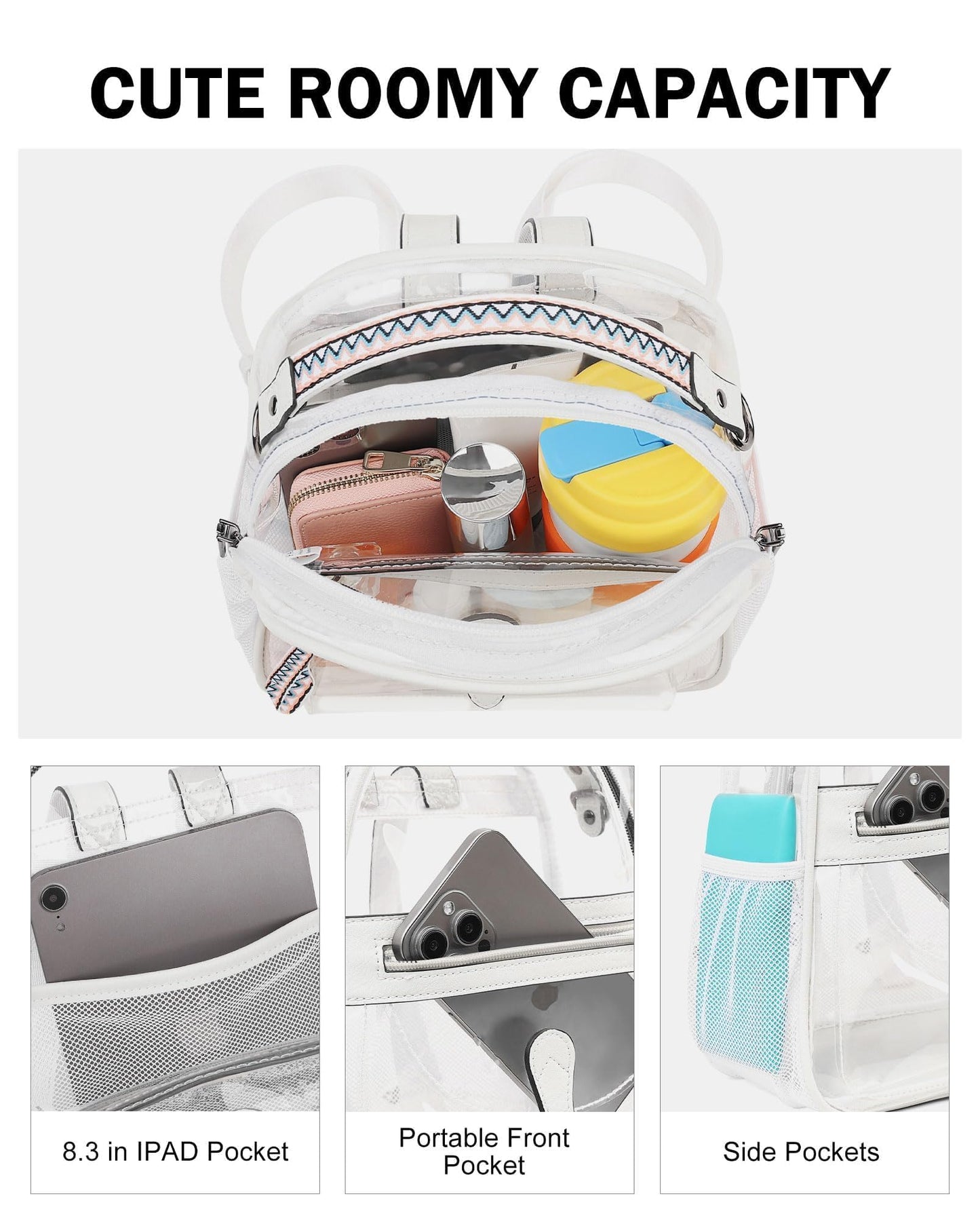 FADEON Clear Small Backpack Purse for Women, Designer Transparent Shoulder Handbag, PVC Mini Clear Bag for Stadium Approved