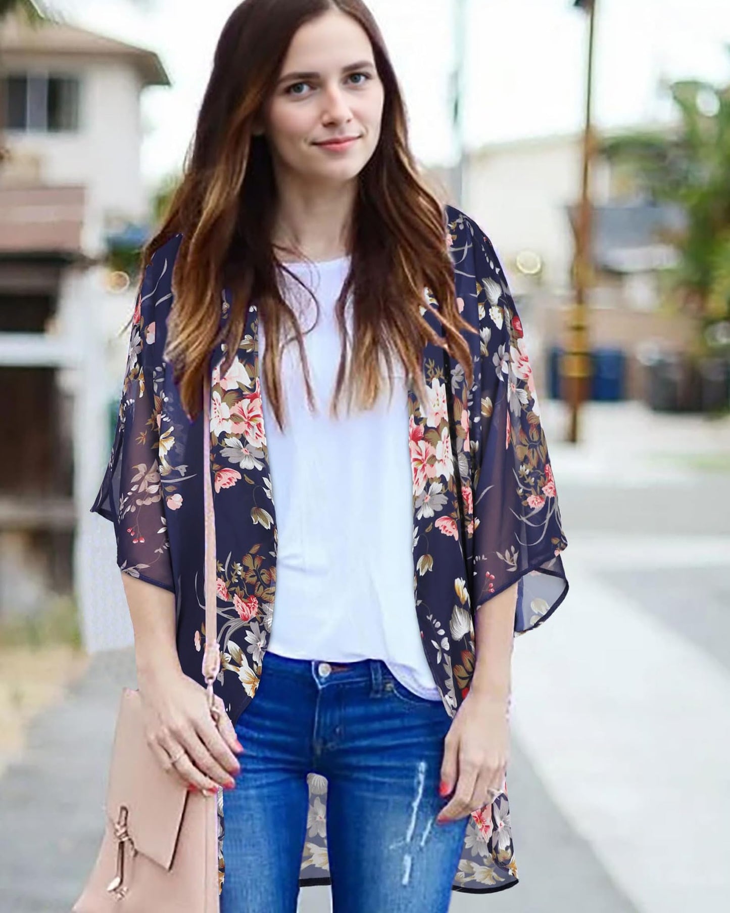 Kimono Cardigans for Women Floral Print 3/4 Sleeve Loose Cover Up Casual Blouse Tops (Navy Blue,3XL)