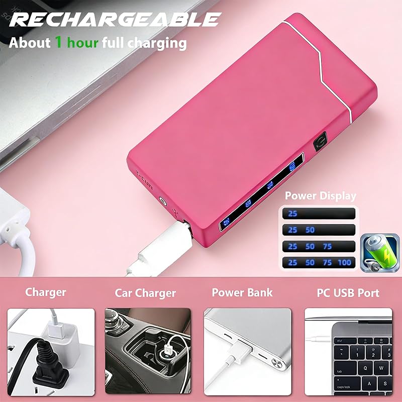 Electric Pink Plasma Lighter – USB Rechargeable, Windproof Flameless Coil with Battery Indicator