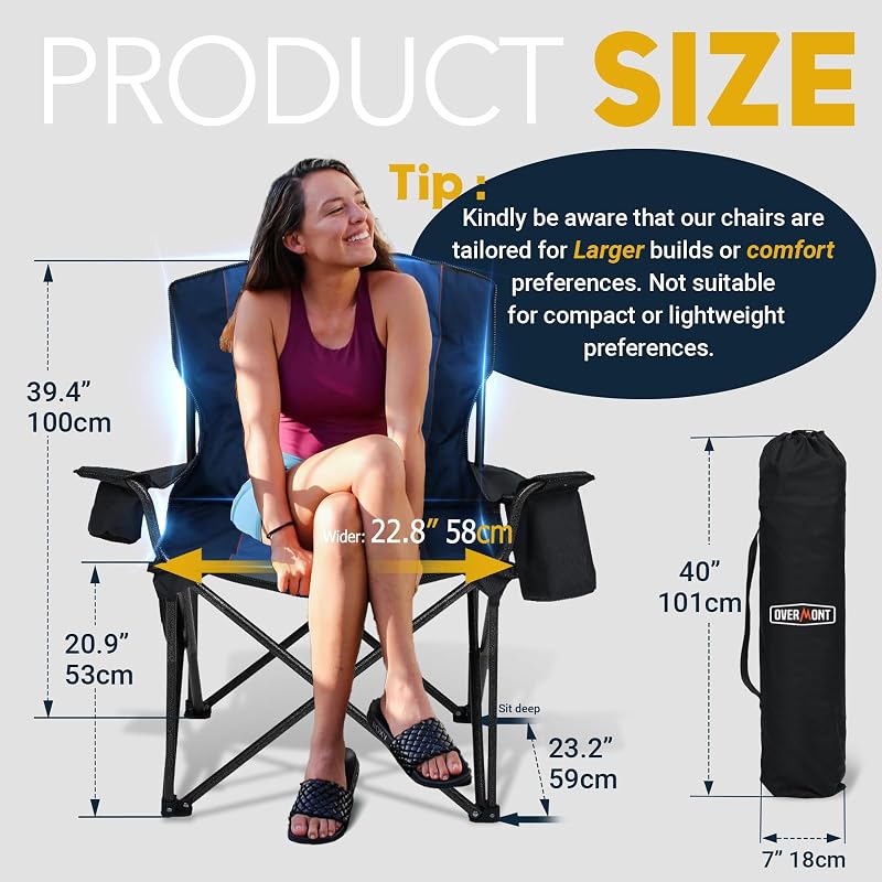Overmont Oversized Camping Chair for Adults - 450 lb Capacity, Fully Padded High Back (Black)