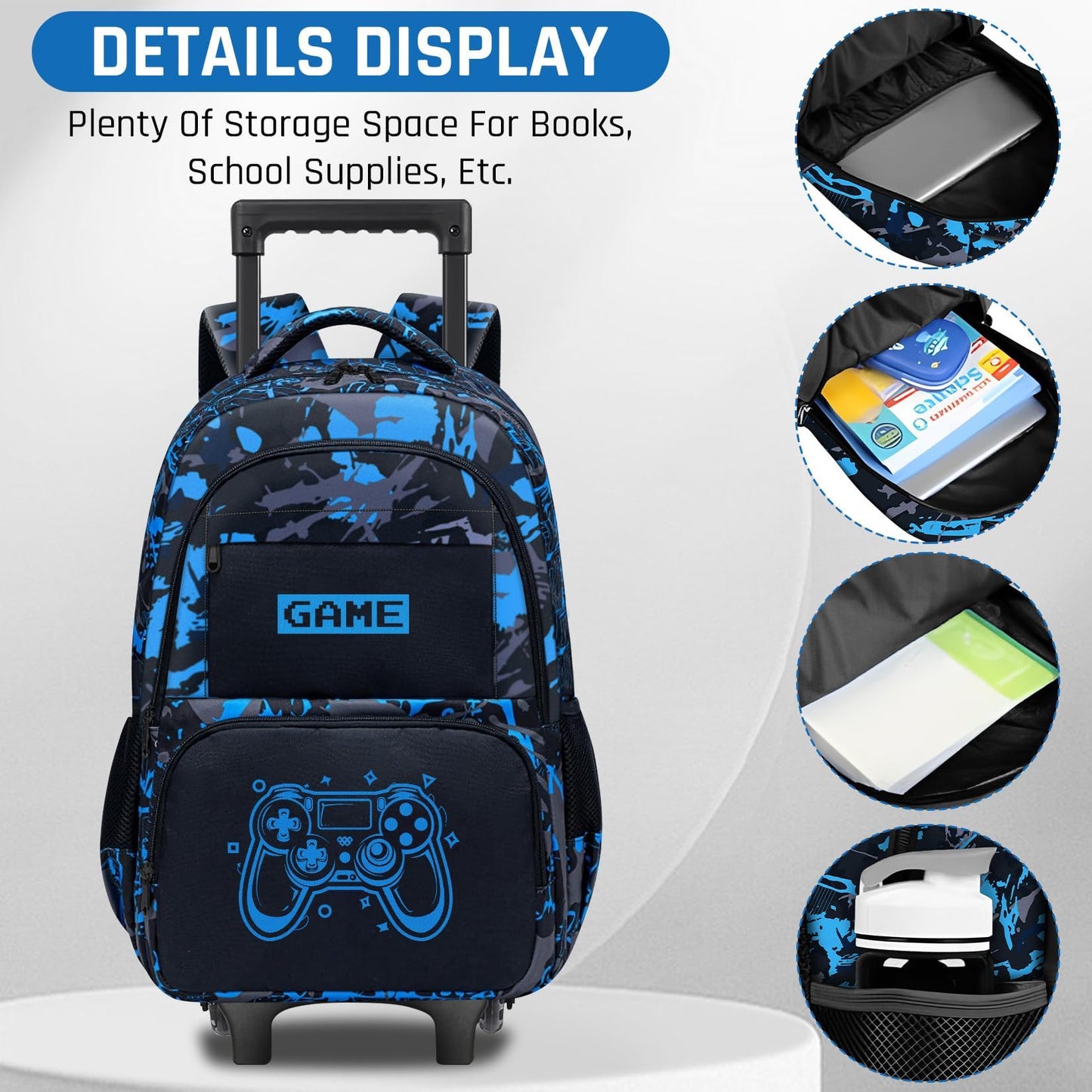 Fitvc Boys Rolling Backpack for Kids - Glow in The Dark Kids Rolling Backpack with Wheels for Elementary Middle School - Gamer Roller School Bookbag Aged 6-18, Wheeled Travel Bag Large Capacity