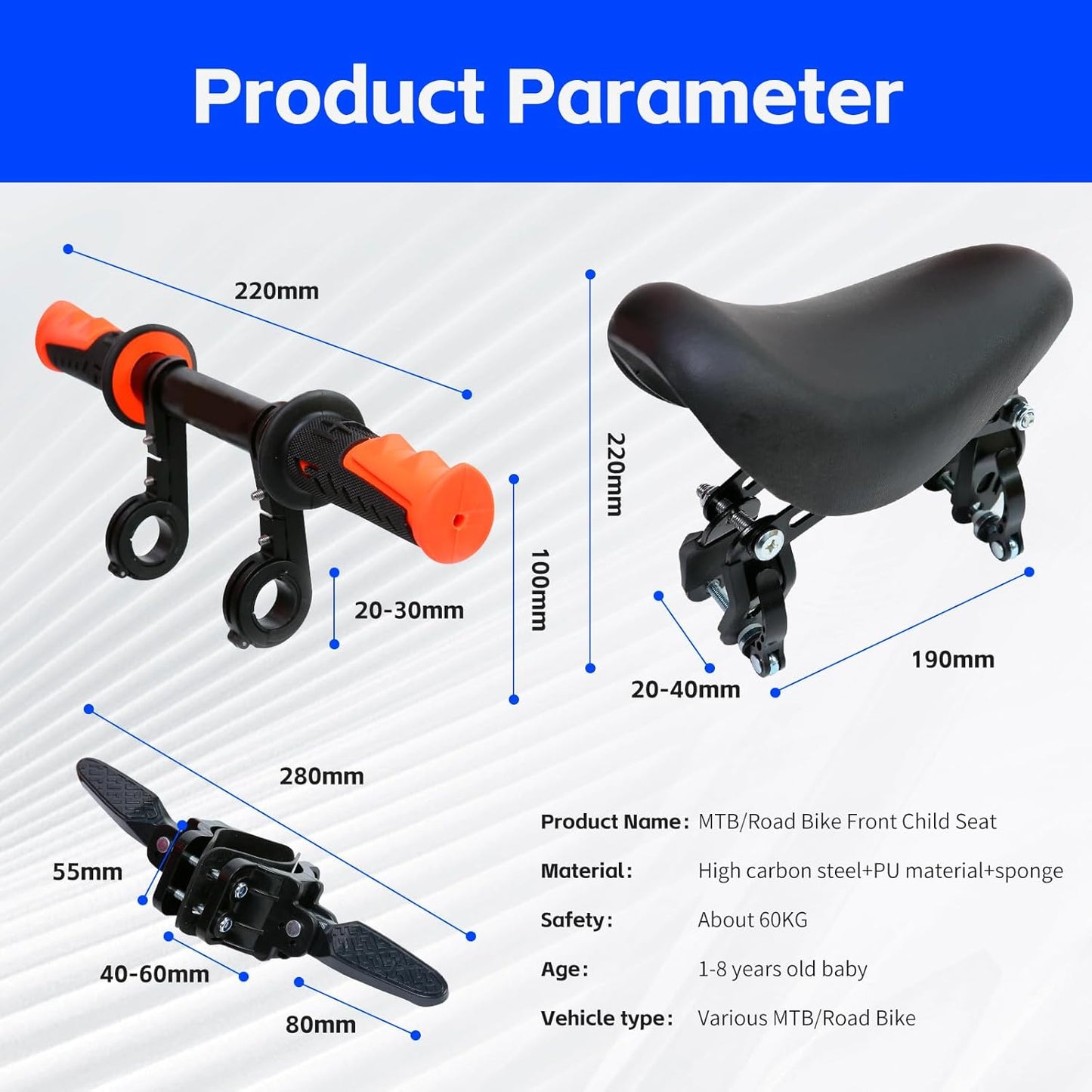 Kids Bike Seat Front Mounted and Handlebar Child Bike Seat Detachable Front Mounted Bicycle Seats with Foot Pedals for Children 2~5 Years Compatible with All Adult MTB