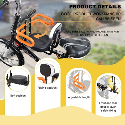 XIEEIX Front Mounted Child Bike Seats, Foldable Kids Bike Seat with Guardrail Seat Back, Adjustable Seat and Pedal Child Bike Seat, Safety Child Seat Suitable for Folding Bicycles and City Bikes, Etc