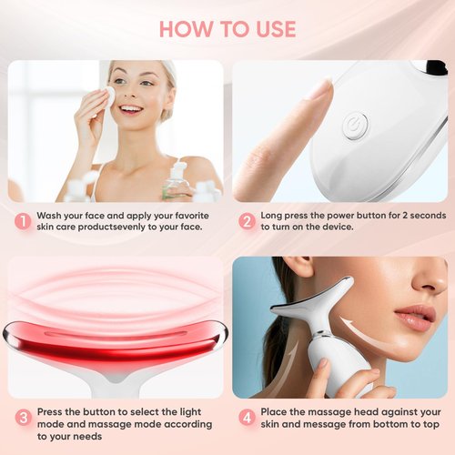OCAWAYEE Face and Neck Massager Tool, 7 Colors LED Light Therapy Wand for Wrinkles, Double Chin, Portable Facial Massager with Vibrating and Thermals for Skin Care, Glossy White