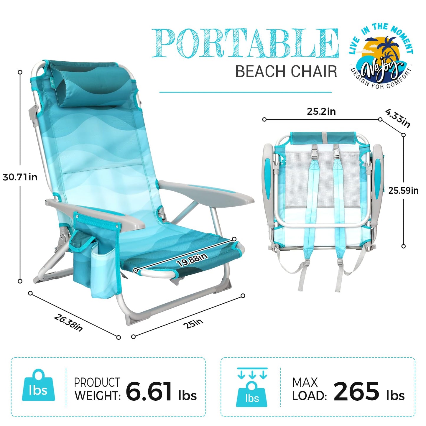#WEJOY Lightweight Low Beach Chair for Adults, 4-Position Aluminum Folding Camping Chairs with Shoulder Strap, Cup Holder and Padded Headrest, Supports 265lbs for Lawn Outdoor,Cyanpattern
