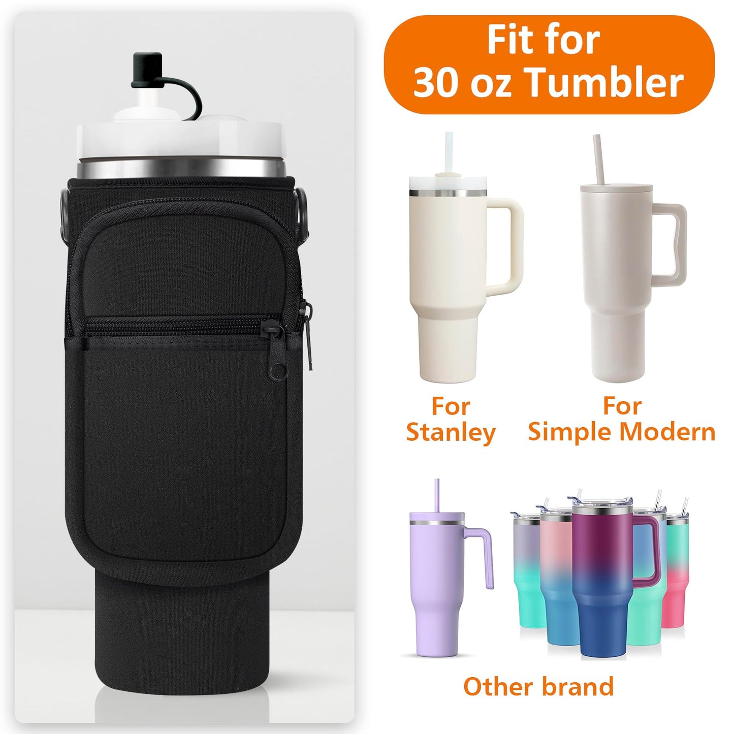 30 oz Stanley Cup Carrier Bag with Paracord Handle, Neoprene Insulated Travel Tumbler Sleeve w/ 2 Pockets & Straw Cover Cap, Stainless Steel Mug Holder Pouch for Stanley Cup Accessories-Black