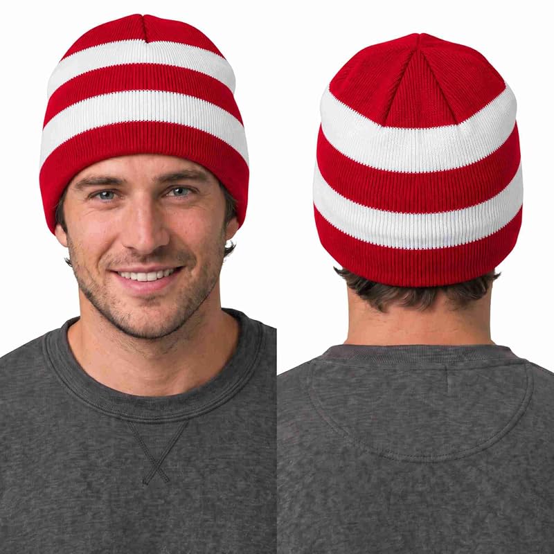 Unisex Striped Knit Beanie Hat - Red/White, One Size (Variation of THIS listing)