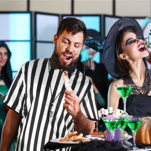 Syhood Men's Referee Shirt Stripe Umpire Jersey, Penalty Flag and Whistle for Football Soccer Sports and Halloween Cosplay(Large)