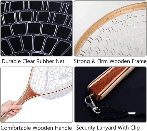 Fashionwu Fly Fishing Landing Net Trout Fishing Net, Soft Rubber Catch and Release Fish Net with Wooden Handle Frame, Gifts for Him