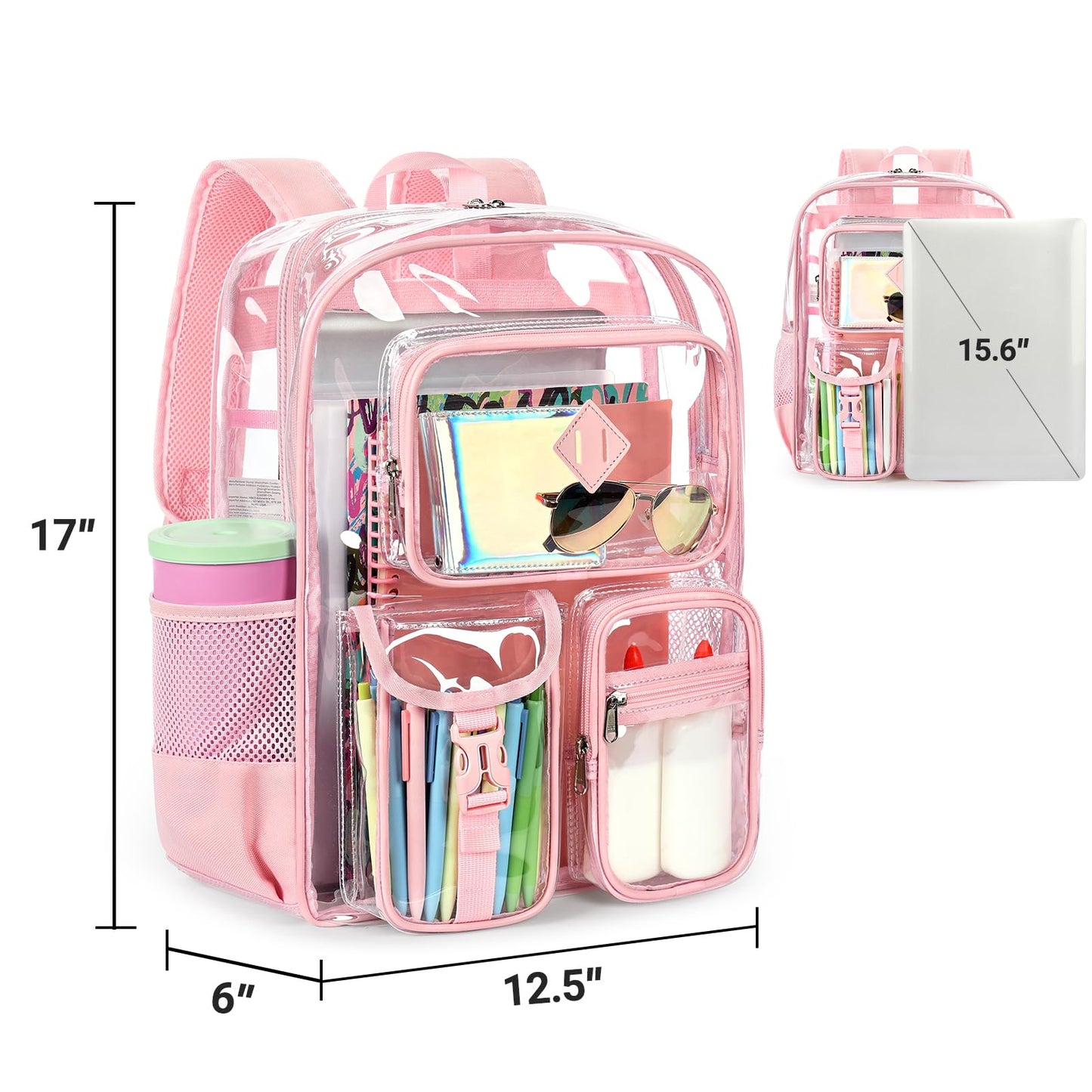 ZORFIN 17 Inch Clear Backpack, Large Transparent Bookbag with Reinforced Straps for School College Work