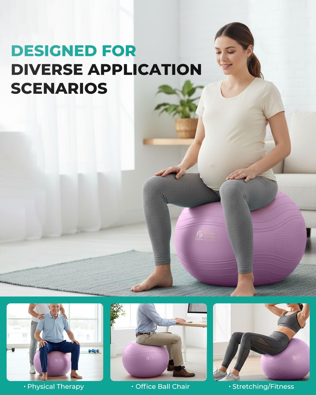 Gruper Yoga Ball, Extra Thick Exercise Ball for Workout Pregnancy Stability - 4 Sizes Anti Burst Balance Ball for Yoga, Pilates, Fitness, Birthing, Physical Therapy - Includes Pump