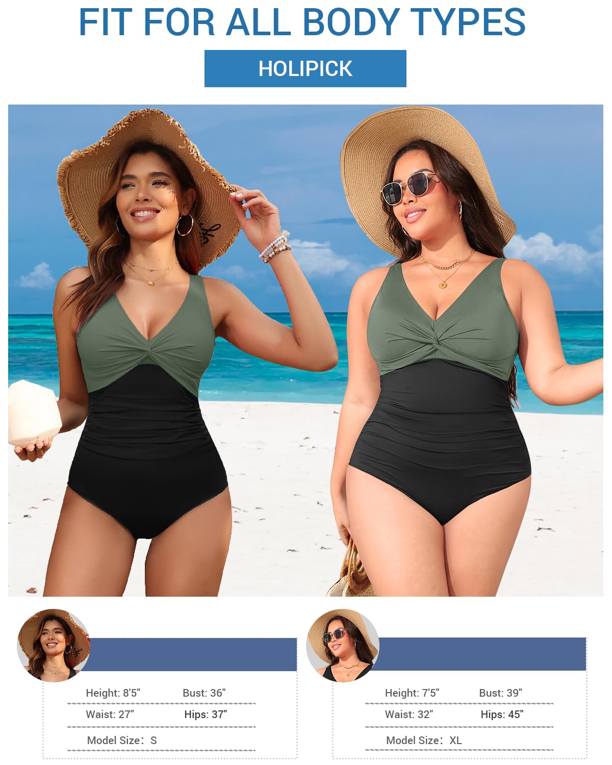 Holipick Green and Black Women Tummy Control One Piece Swimsuit - Push Up Bathing Suit Full Coverage Slimming Swimwear M