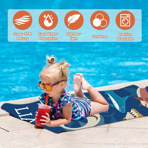 FPGIYXK Personalized Beach Towels Custom Monogrammed Beach Towels for Kids Adults with Names Absorbent Soft Sand Free Quick Dry Beach Vacation Essentials (Shark)