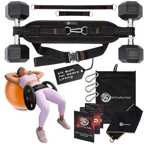 Hip Thrust Belt for Weights, Dumbbells & Kettlebells – Heavy Duty Glute Workout Equipment for Plates up to 300 lbs, with bonus straps for Dips & Squat Belt for Home & Gym