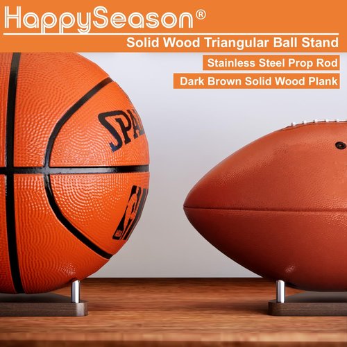 Happyseason 2-Pack Wood Football Stand, Basketball Stand with Stainless Steel Rods, Soccer Ball Holder, Volleyball Holder, Round-Edge Rack for Balls, Easy to Assemble (Brown)