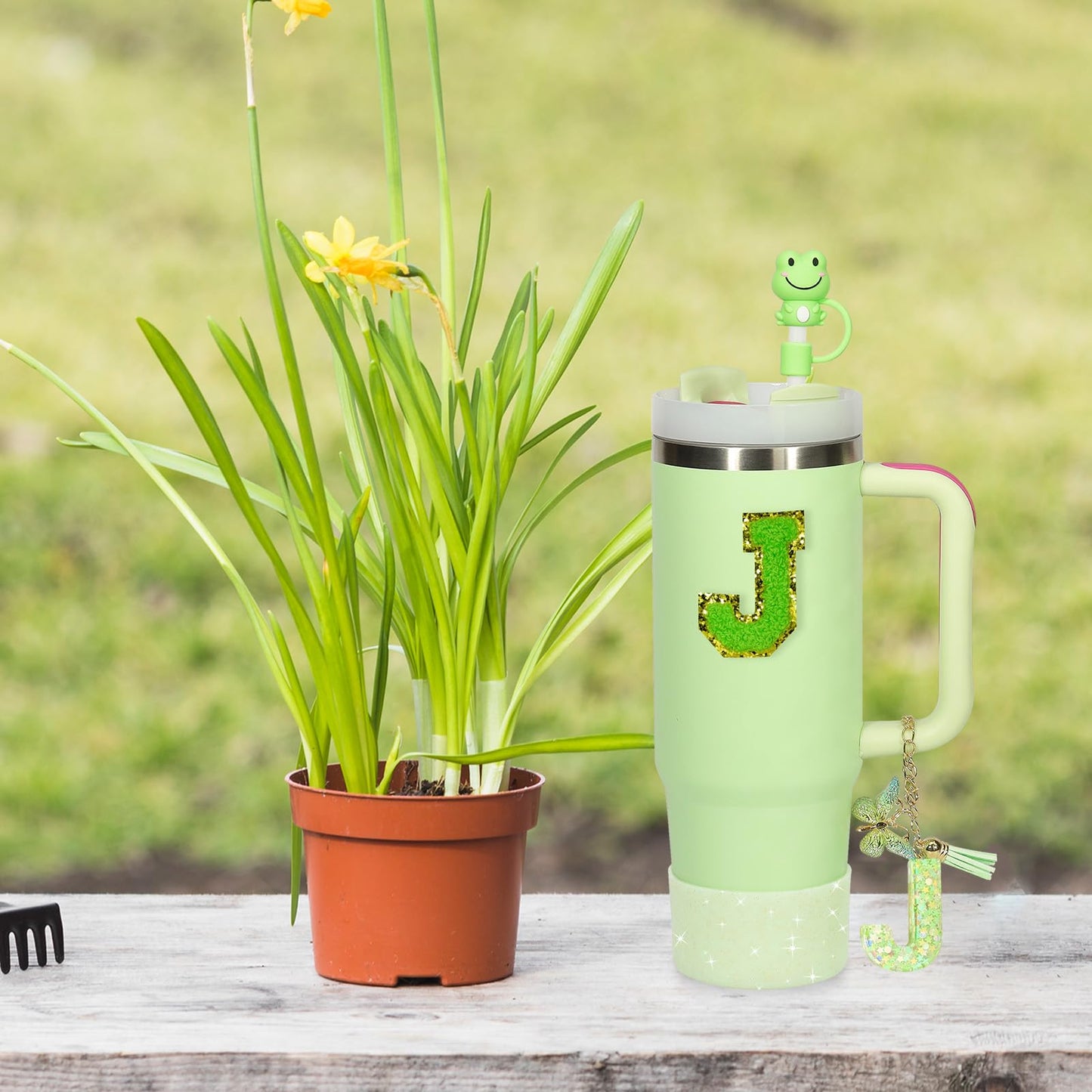 Liangang 8PCS Green Cup Accessories Set For Stanley 30oz 40oz,Including Boot,Spill Proof Stopper,2PCS Stanley Straw Cover and 2PCS Sticker Letter (Letter J)
