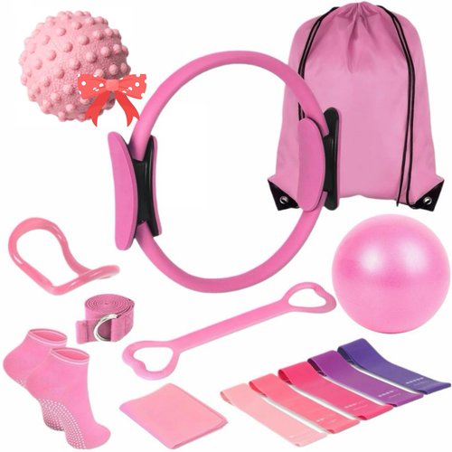 Pilates Essential Kit for Women,13pcs Pilates Equipment for Home Workouts,with Pilates Ring and Ball,5 Resistance Bands and Other Equipment,for Pilates Beginners,Enthusiasts and Professionals (Pink)